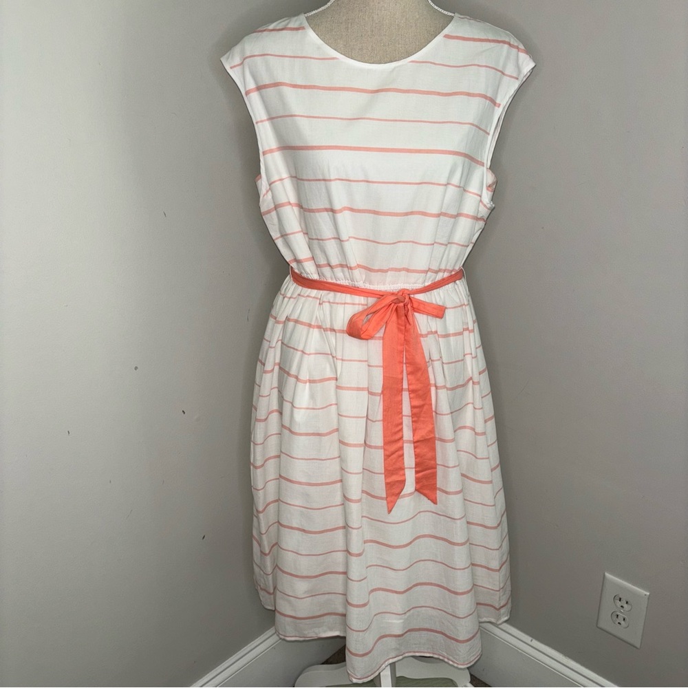 Garnet Hill striped coral & white sleeveless retro cotton dress tie belt size 14